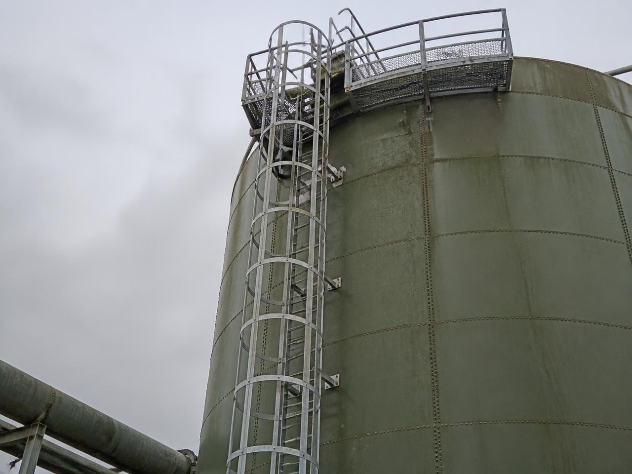 Scala verticale fissa con gabbia di protezione su un silo industriale